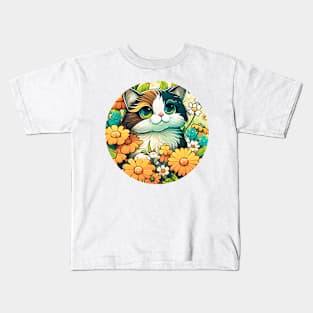 Happy Cute Cat In Flowers - Floral kitty - Cat Filled With Flowers Kids T-Shirt